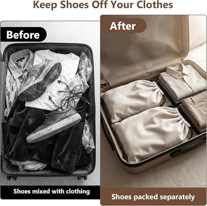 Upgraded Shoe Bags for Travel, 6 Pack Soft Flannel/Cloth/Fabric | Large 17.7 x 13.8 Inches | Fits One Pair of Shoes up to Men's US Size 13 | Washable & Reusable | Ideal for Suitcase Packing