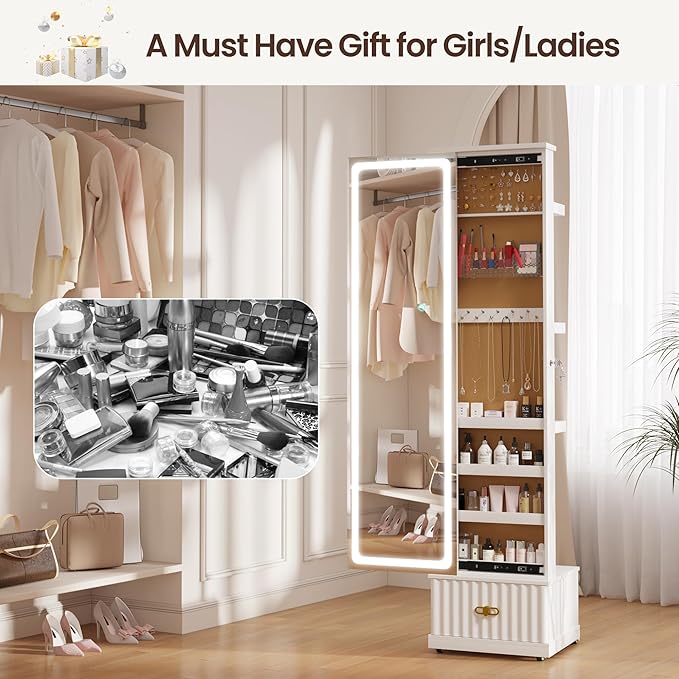 Lvifur Jewelry Cabinet with LED Mirror - Side Sliding Door Jewelry Armoires for Bedroom,Standing Jewelry Organizer with Full Length Mirror&3 Photo Frames&Drawer&Movable Wheels for Cloakroom,White