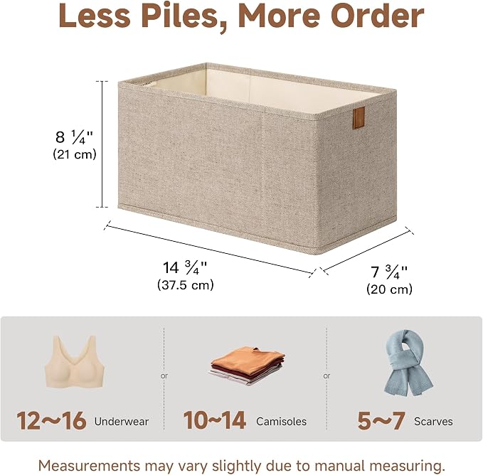 StorageWorks Fabric Storage Bins, Narrow Baskets for Storage, Small Baskets for Organizing with PU Handle, Suitable for Clothes, Books, and Toys, Brown and Beige, 4-Pack