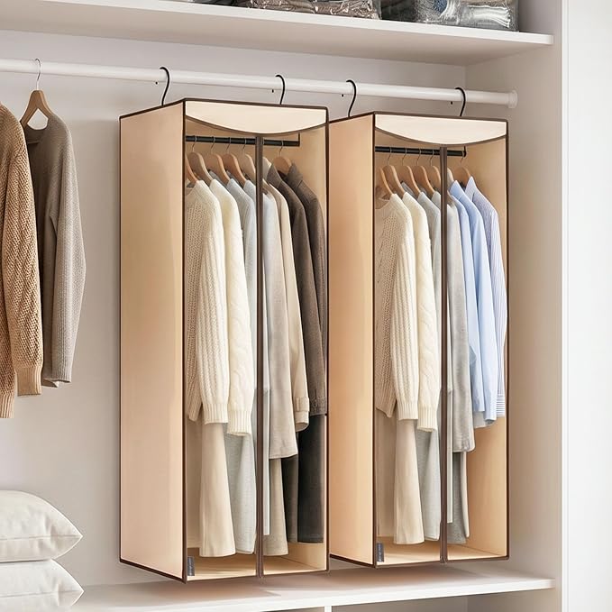 STORAGE MANIAC 57" Hanging Garment Bag Zipper Cover with Sealed Clear Window, Long Garment Cover for Closet Storage Wardrobe Clothes Protector, Large Garment Storage Bag for Dresses, Beige，2-Pack