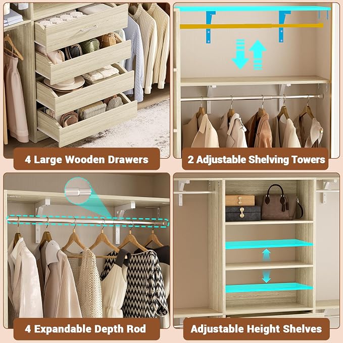 Aheaplus Closet System with 4 Drawers, 8FT Wood Closet Organizer System, Walk-in Closet Wardrobe with Tower, 4 Hang Rods, 2 Top Shelves, Built In Closet Insert System, Fits Spaces 4-9 ft, White Oak
