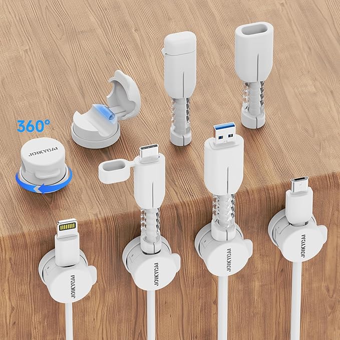 6 Magnetic Spring Cable Clip Rotatable Cord Holder Desktop Cord Organizer 2 Charging Cord Protectors for Nightstand Phone Charger Organizer Computer Desk Cable Management Appliance Adhesive Wire Strap