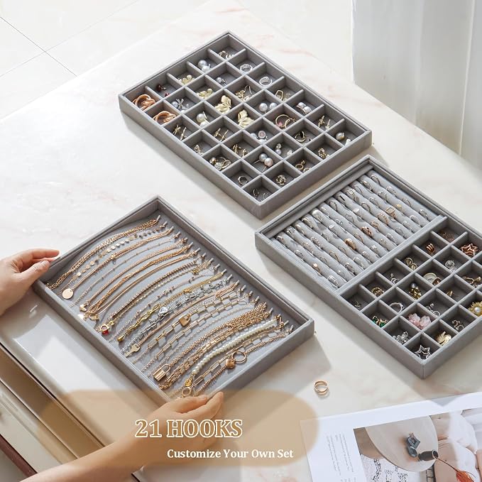Large Jewelry Organizer for Drawer Insert Velvet Stackable Jewelry Trays for Earring Necklace Bracelet Ring Display (Gray, 20 Hooks)