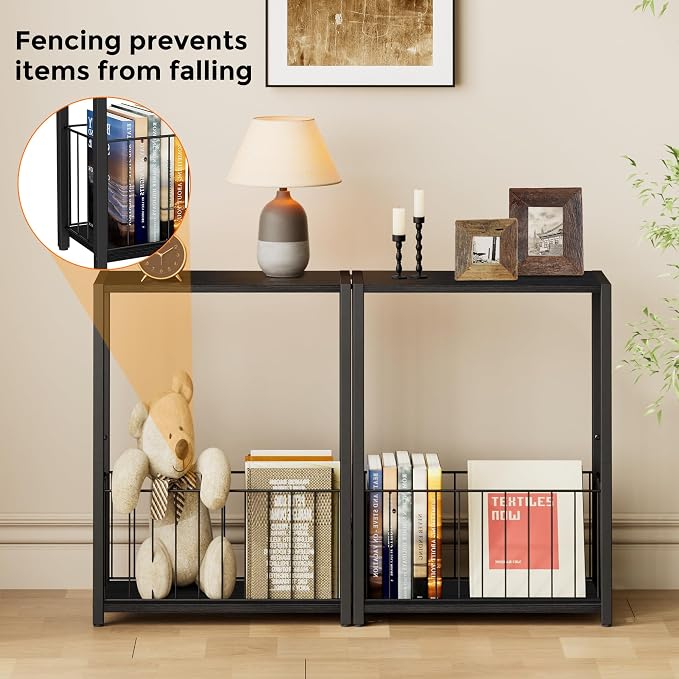 Homleke Narrow Side Tables Set of 2 with Magazine Holder, Skinny End Tables | Space-Saving Design, Small Spaces, Storage Shelf, Metal Frame, Easy Assembly, 7.1" D x 16.9" W x 23.6" H, Black