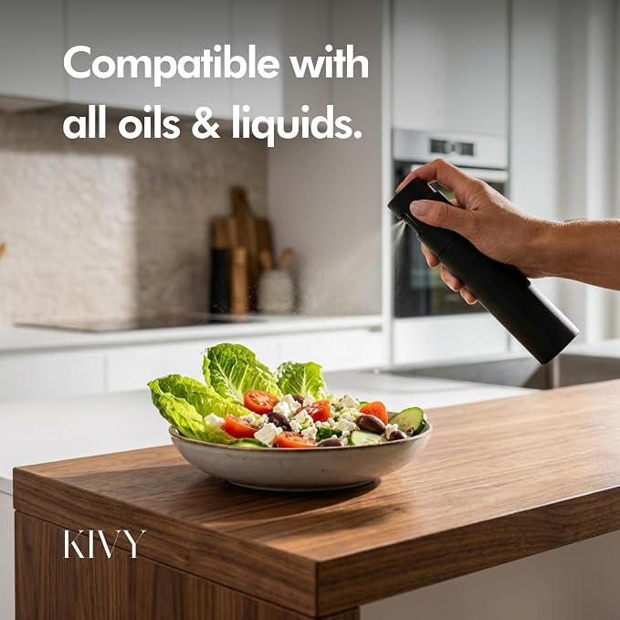 KIVY Glass Oil Sprayer for Cooking– Precise Oil & Vinegar Spray Bottle Oil Mister Spray Bottle for Food – Includes Funnel – Perfect for Cooking & Air Fryer (Black)