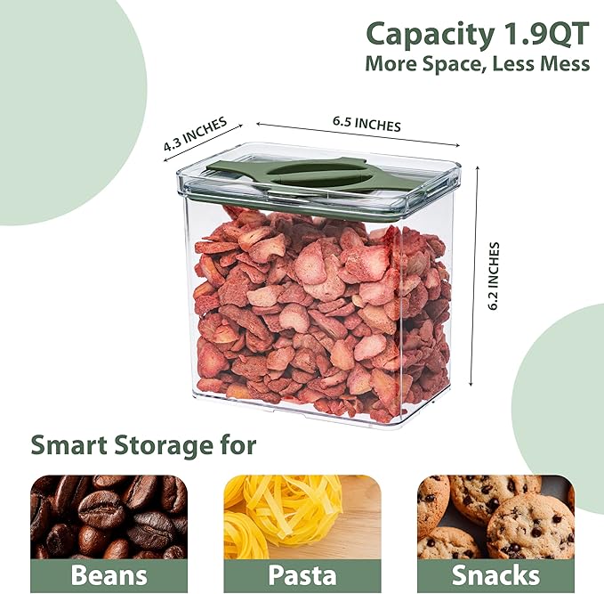 4-Pack Airtight Pantry Containers, 1.9 QT / 1.8 L Clear Food Storage Jars with Leakproof Twist-Lock Lids, Detachable Lid for Easy Cleaning, Cereal, Pasta, Rice, Oats, Snack Storage Sand