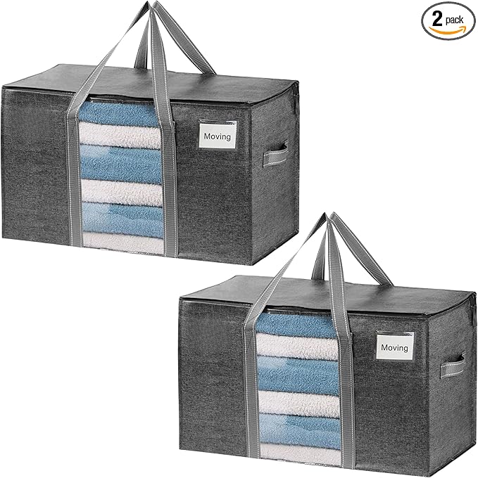 VENO 2 Pack Moving Bags with Clear Window, Heavy Duty Storage Bins with Lid, Around Handles, Tag, Zippers, Extra Large Totes Packing Moving Boxes Supplies for College Dorm Clothes (Dark Gray)