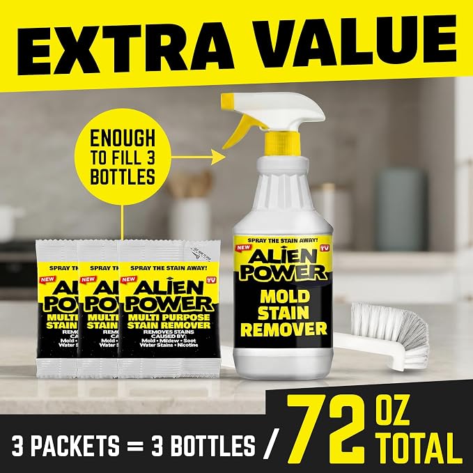 Alien Power 72 OZ Instant Stain Remover Spray for Black Mold and Mildew | All Purpose No-Scrub Cleaner for Bathroom & Household Surfaces, Tiles, Wall & Washing Machines - 3 Packets (Makes 72 Fl Oz)