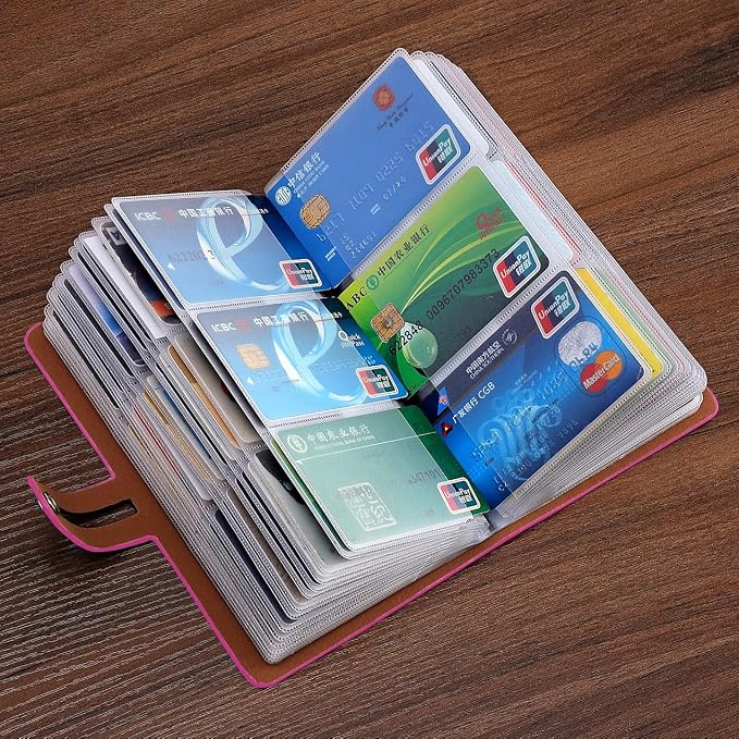 RFID Credit Card Holder, Leather Business Card Organizer with 96 Card Slots, Credit Card Case for Managing Your Different Cards and Important Documents to Prevent Loss or Damage (Rose Red)