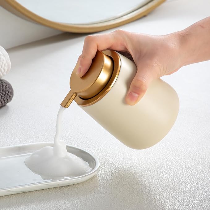 Enra Foaming Soap Dispenser,12 Oz Modern Foam Soap Dispenser with Gold Pump for Bathroom, Kitchen with Easy-to-Press Pump (Beige Foam Gold Pump)