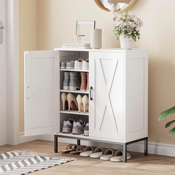 Homleke Farmhouse Shoe Cabinet with 2 Barn Doors & Metal Legs | Tall 4-Tier Shoe Storage Cabinet, 3 Adjustable Shelves, Shoe Rack Organizer, for Entryway, Hallway, Closet, White