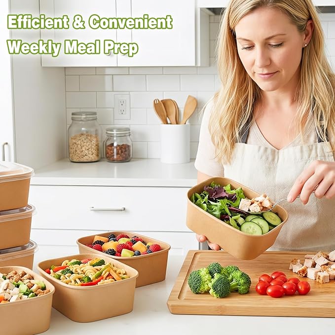 60 Packs 35oz Disposable Meal Prep Containers with Lids, Leak-Proof Microwave/Freezer Safe Food Prep Containers with Utensils & Labels, Sturdy Kraft Paper Bowls for Weekly Meal Prep, Lunch & Leftovers