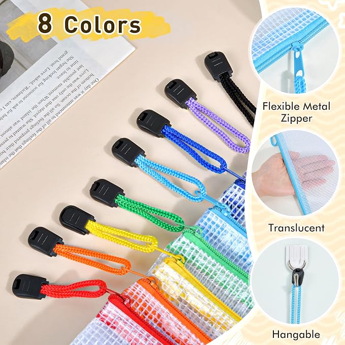 24pcs Mesh Zipper Pouch Bags, A4 Letter Size 8 Colors Plastic Zipper Bags for Organizing Storage, Clear Pouches with Zipper, Waterproof Mesh Bags for Office Supplies, Home Organize, Travel Storage
