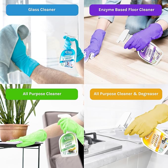 Hygea Natural Cleaning Supplies Kit All Purpose Cleaners, Citrus Degreaser, Floor and Tile Cleaner, Window, Glass and Mirror Cleaner- No Harsh Chemicals, Family safe - 4 Pack 24 oz Sprays