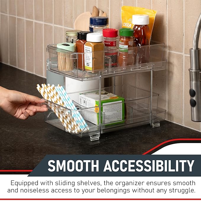 Masirs 2-Tier Clear Pull-Out Drawer Organizer - Sleek, Compact & Sturdy Makeup and Closet Organizer - Easy Assembly Kitchen Storage Solution, Ideal for Makeup, Tools, Medicines & Snacks - Pack of 2