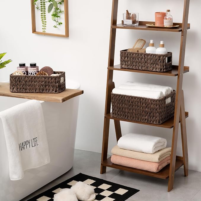 GRANNY SAYS Storage Baskets for Shelves, Waterproof Basket Set for Organizing, Toilet Wicker Basket Tank Topper, Wicker Baskets with Handles, Dark Brown, 3-Pack