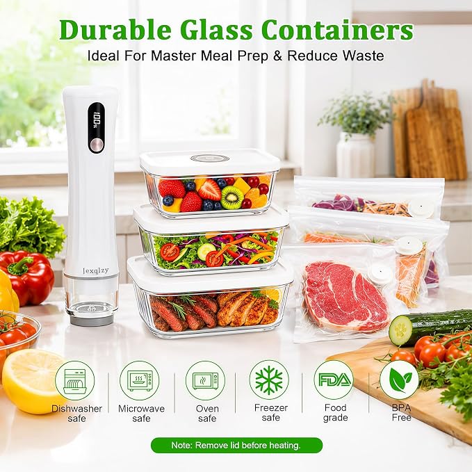 Compact Vacuum Sealer for Food, 80kPa Food Sealer with LED Display | 2000mAh Vacuum Sealer Machine+3Glass Containers+30 Bags, Handheld Vacuum Sealer,Cordless&Portable for Meal Prep, Food Storage