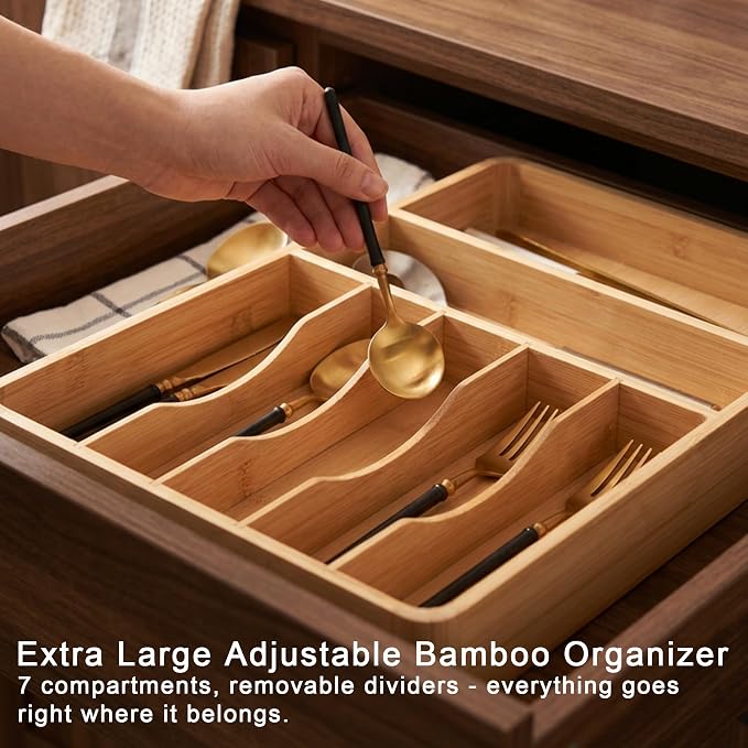 Silverware Drawer Organizer - Bamboo Tray for Cutlery, Flatware & Utensil Holder for Kitchen Drawers, Fixed 10.5" Width, 7 Storage Compartments, Non-Slip Feet, Rounded Corners, 100% Natural Plant