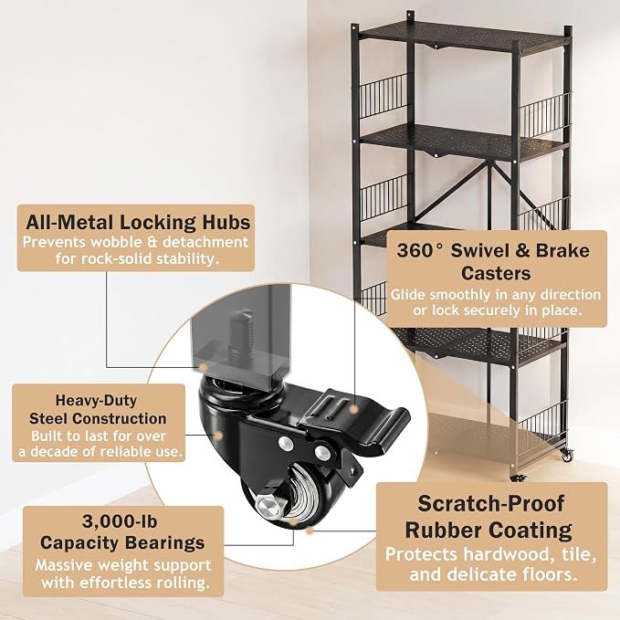 Heavy Duty Folding Shelves No Assembly, 5 Tier Metal Foldable Storage Shelves with Wheels, 220LBS Per Shelf Collapsible Rack for Garage Storage, Black