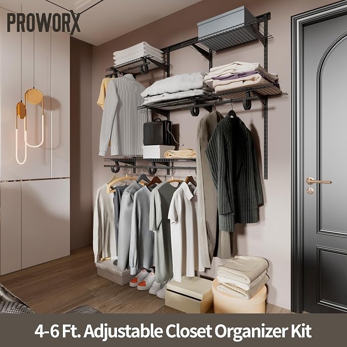 PROWORX 4-6 Ft. Expandable Closet Organizer System, Gray Custom Metal Wire Closet Shelving, Organizers and Storage Shelves Wall Mounted with Hanging Rods
