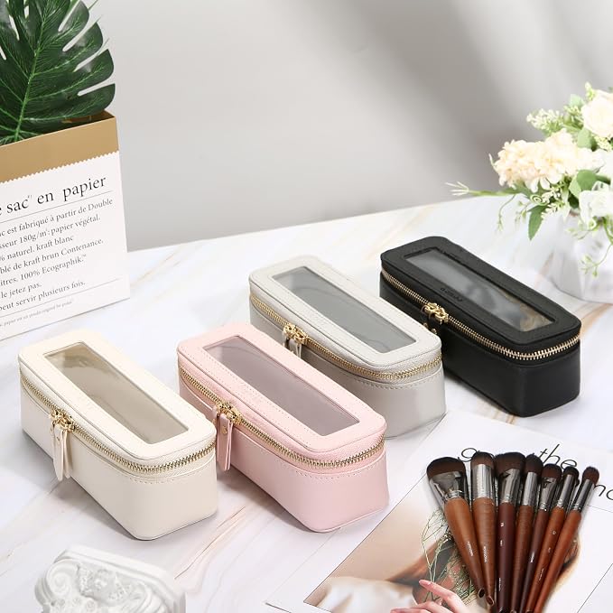 Aveniee Clear Makeup Brush Bag,Slim Cosmetic Brush Holder,Small Toiletry Bag Mini Travel Case for Women,Thin Make up Bags with Dual Zipper,Cute Travel Essentials Organizer,White