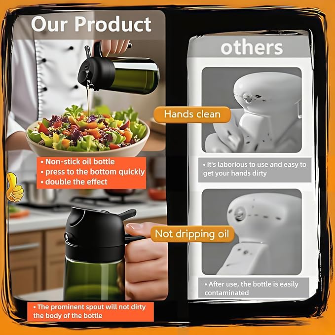 16oz/470ml Glass Olive Oil Sprayer for Cooking, 2 in 1 Oil Dispenser for Kitchen Spray and Pour, Premium Light-Blocking Oil Bottle, Food-Grade Spray Bottle, for Salad, Air Fryer, BBQ
