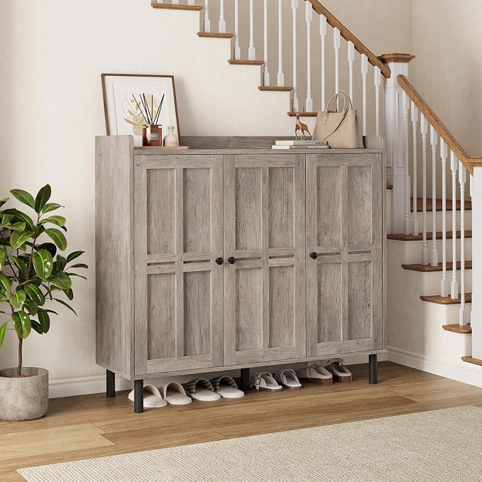 5+2 Tier Shoe Storage Cabinet with 3 Doors, 40" Tall Entryway Cabinet for 30 Pairs Shoe, Shoe Rack Organizer with 5 Adjustable Shelves & Metal Legs, Shoe Storage for Front Door Entrance, Washed Gray