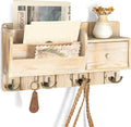 Rebee Vision Pine Wood Key Holder Wall Mount with Mail Sorter - Decorative Entryway Mail Organizer Wall Mounted with Key Hooks and Drawer Organizer - Home Essentials for Room Decor (Natural Wood)