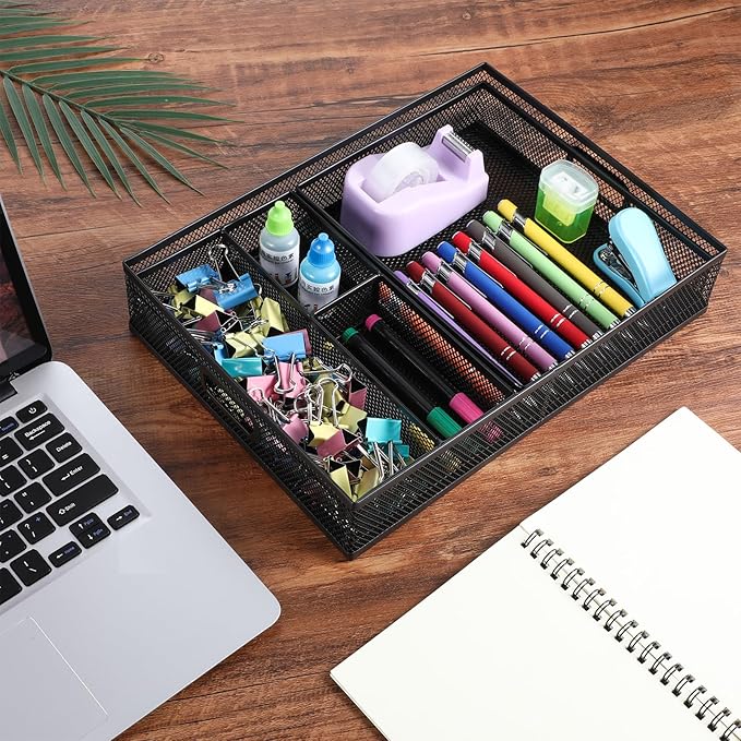 Desk Drawer Organizer, Office Drawer Divider Organizer Tray 3 Pack, Metal Mesh Desktop Organization and Accessories for Stationery Makeup Kitchen Toolroom Office