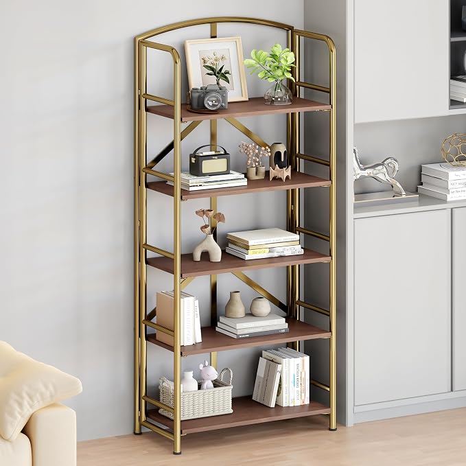 No Assembly,Gold Folding Bookshelf 5 Tiers, Vintage Storage Rack,Brown&Gold | Bookcase Vintage Multifunctional Plant Flower Stand, Storage Shelves Organizer for Home Office,Living Room,Dorm