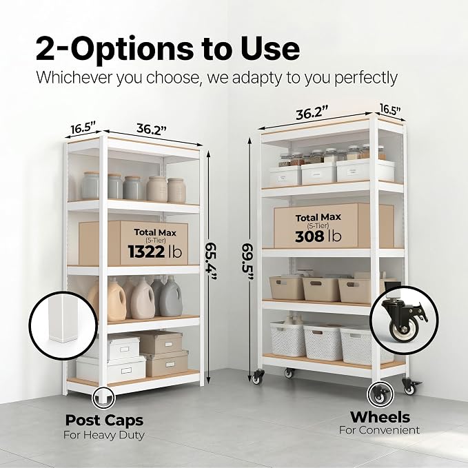 HOMEDANT House 36.2" W 5 Tier Heavy Duty Garage Shelving Adjustable Metal Rack Storage Shelves Standing Shelf Unit Organizers Pantry Closet Office White 1Pack