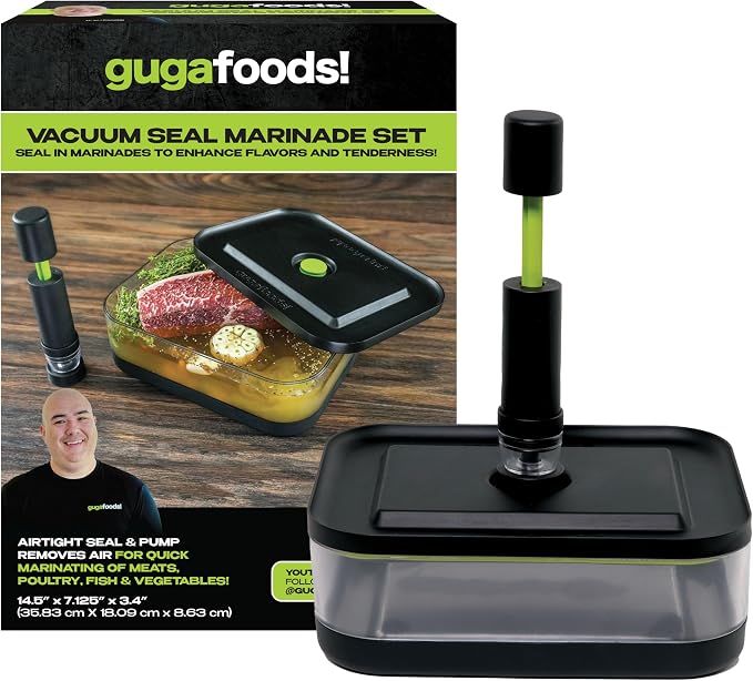 Guga Foods Vacuum Seal Marinade Container Set, Air Sealed Pump, Removes Air for Quick Marination, Barbecue & Grilling Marinator