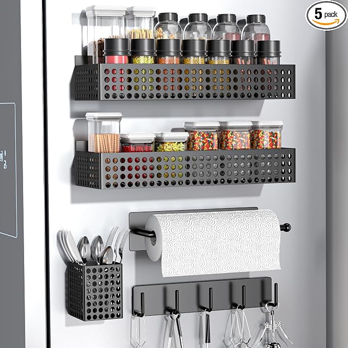 Magnetic Spice Rack for Refrigerator Set of 5 for Kitchen | Strong Magnetic Refrigerator Organizer 2 Tiers and Paper Towel Holder and Utensil Holder, Side Fridge Shelf for Storage