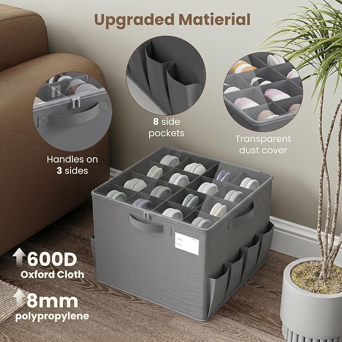 Varhomax Shoe Organizer Box 2 Pack for Closet, Fabric Shoe Storage Bin with Adjustable Dividers & Clear Cover, Holds up 16-32 Pairs of Sneakers & Sandals for Entryway, Cubby (Gray)