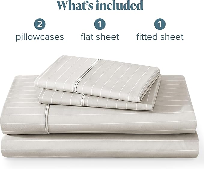 Bare Home Full Sheet Set - Luxury 1800 Ultra- Soft Double Brushed Microfiber - Deep Pockets - Easy Fit - 4 Piece Bedding Sheet Set (Full, Pinstripe - Stone/White)