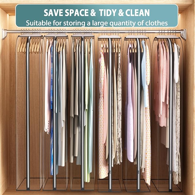 Liuoud Clear Garment Bag for Hanging Clothes 10” Gusseted, 60” Suit Bags for Open Closet Storage Plastic Clothes Cover for Coat, Dress, Shirts, Fur, Jacket, Wardrobe Protectors, 6 Pack