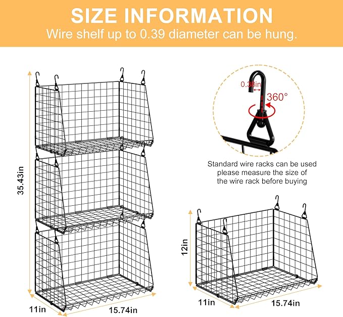 Sonyabecca 3-Pack Hanging Laundry Baskets, Foldable Metal Wire Shelves with 360° Rotating Hooks, Space-Saving Over Washer/Dryer or Closet Storage for Laundry Room & Closet Organization, Black