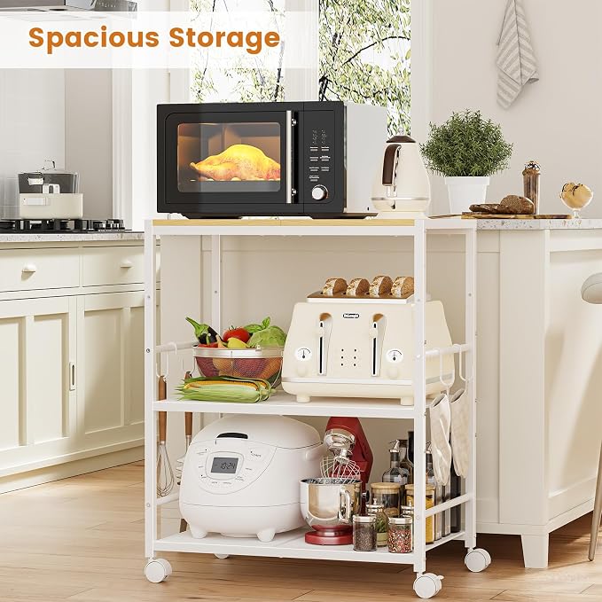3-Tier Microwave Stand, Kitchen Microwave Cart with Adjustable Shelf | Rolling Kitchen Storage Cart on Lockable Wheels, Coffee Cart Shelf Rack Organizer for Kitchen, Living Room, Balcony, White