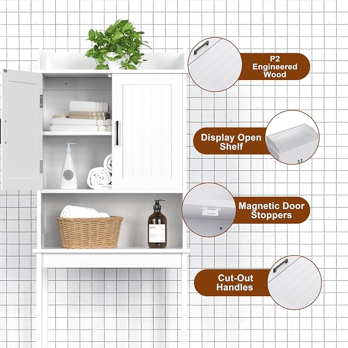 Yardenaler Over-The-Toilet Storage Shelf with Doors, Bathroom Freestanding Space Saver Organizer with Adjustable Shelf, White