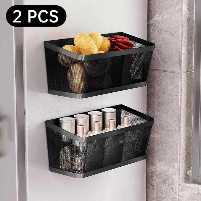 2Pcs Magnetic Spice Rack for Refrigerator, Black Magnetic Shelves | Powerful Magnet Hanging Basket Holder, Magnetic Organizer Shelf for Fridge, For Seasonings Fruit Vegetables Coffee Beans