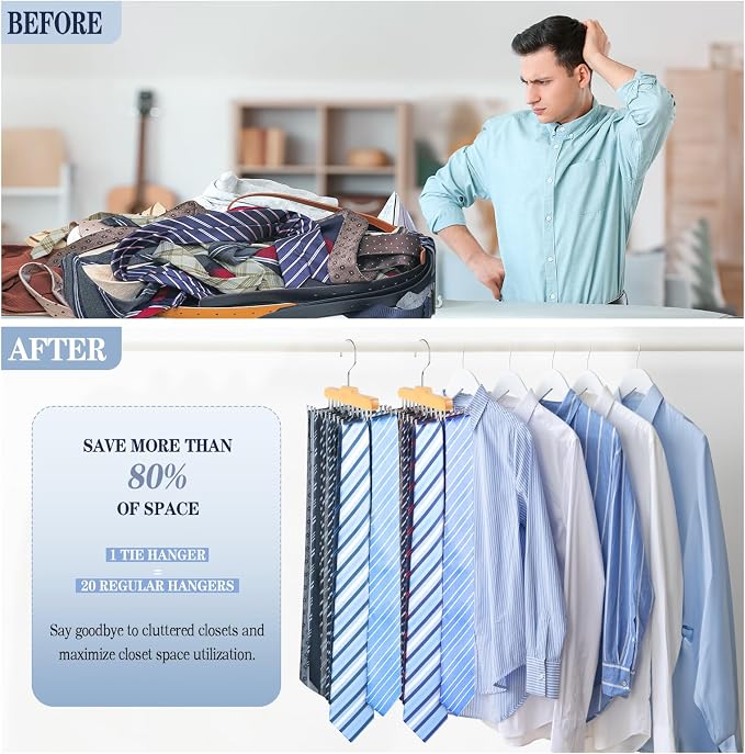 2PC Tie Rack Hanger for Closet, Upgraded Tie Holder Organizer for Men, Wood | Non Slip Neck Tie Organizer with 20 Foldable Hooks, Belt Hanger Space Saving, Fits for Tank Tops Bras Cami Scarves