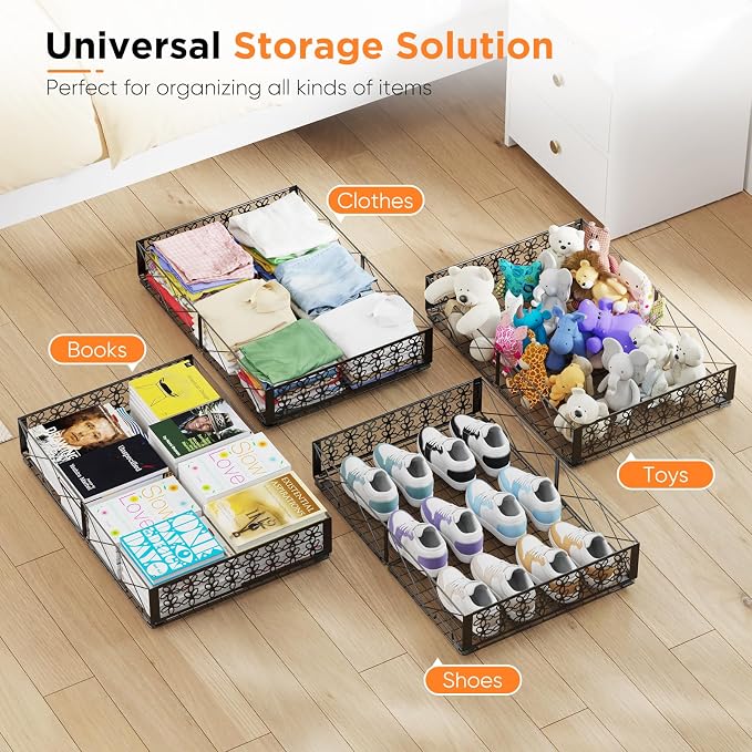 Under Bed Storage with Wheels, Rollable Under Bed Storage Container, Foldable Metal Under Bed Organizer for Bedroom Clothes Shoes Blankets Storage (1black, Black)