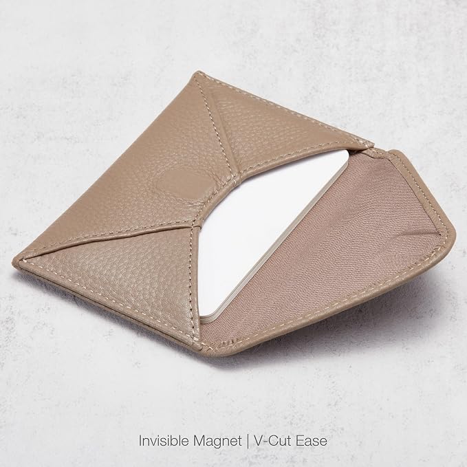 HISCOW Italian Pebbled Leather Business Card Holder, Minimalist Full Grain Envelope Card Case with Hidden Magnetic Closure, 0.19 Inch Slim Front Pocket Wallet for Men and Women, Taupe Grey