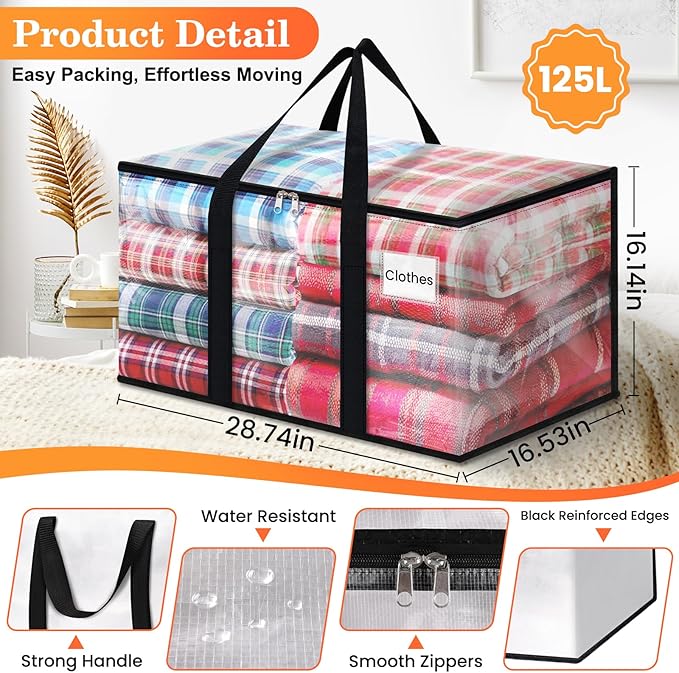 Extra Large Heavy Duty Moving Bags, Storage Bags with Strong Zippers & Handles, Packing Bags for Moving Essentials, Ideal Storage Tote for Home, Dorm & Storage Solutions, 125L 10 Packs Clear