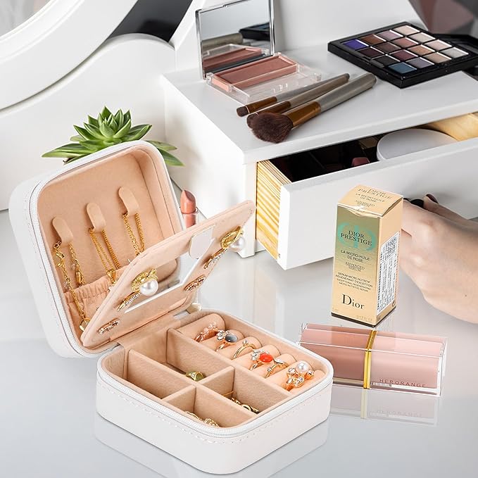 Neveika Jewelry Box with Mirror,Small Jewelry Organizer Box，Travel Jewelry Case for Women，Gift Jewelry Boxes for Female Girls (mirror white)