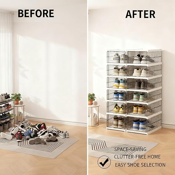 Shoe Storage Organizer Box 6-Tier Foldable Collapsible Stackable Shoe Rack Bins, Fit Size 12, No Assembly, for Men and Women (Transparent)