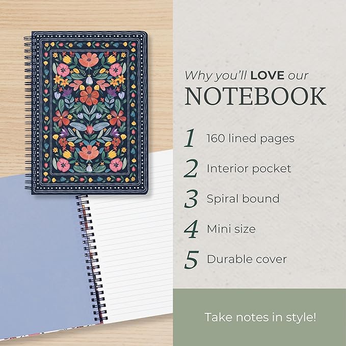 Steel Mill & Co Cute Mini Spiral Notebook, 8.25" x 6.25" Journal with Durable Hardcover and 160 Lined Pages (Folk Floral Multi)