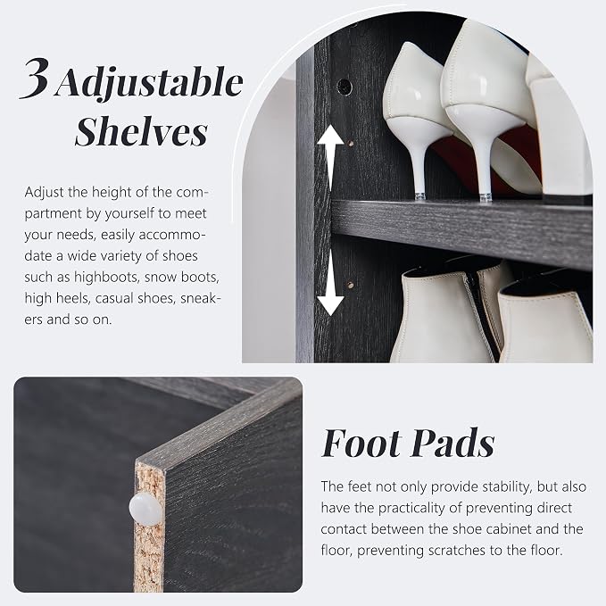 IFGET 67" Tall Arched Shoe Storage Cabinet, 8-Tier Wooden Rack with 3 Adjustable Shelves, Freestanding Closet Shelf Organizer for Entryway, Hallway, Living Room (Dark Grey)