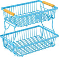 2 Tier Fruit Basket for Kitchen Counter with 2 Banana Hangers, Countertop Metal Bread Basket with Wooden Handle, Large Storage Stand for Vegetables, Snacks, Eggs, Produce Storage – Blue