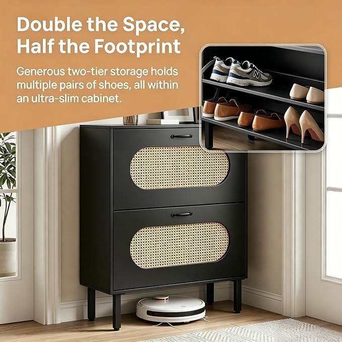 SUNCROWN Shoe Storage Cabinet with 2 Flip Drawers, Freestanding Narrow Shoe Rack Organizer for Entryway, Natural Semi-Circular Rattan Doors with Adjustable Shelves, Black